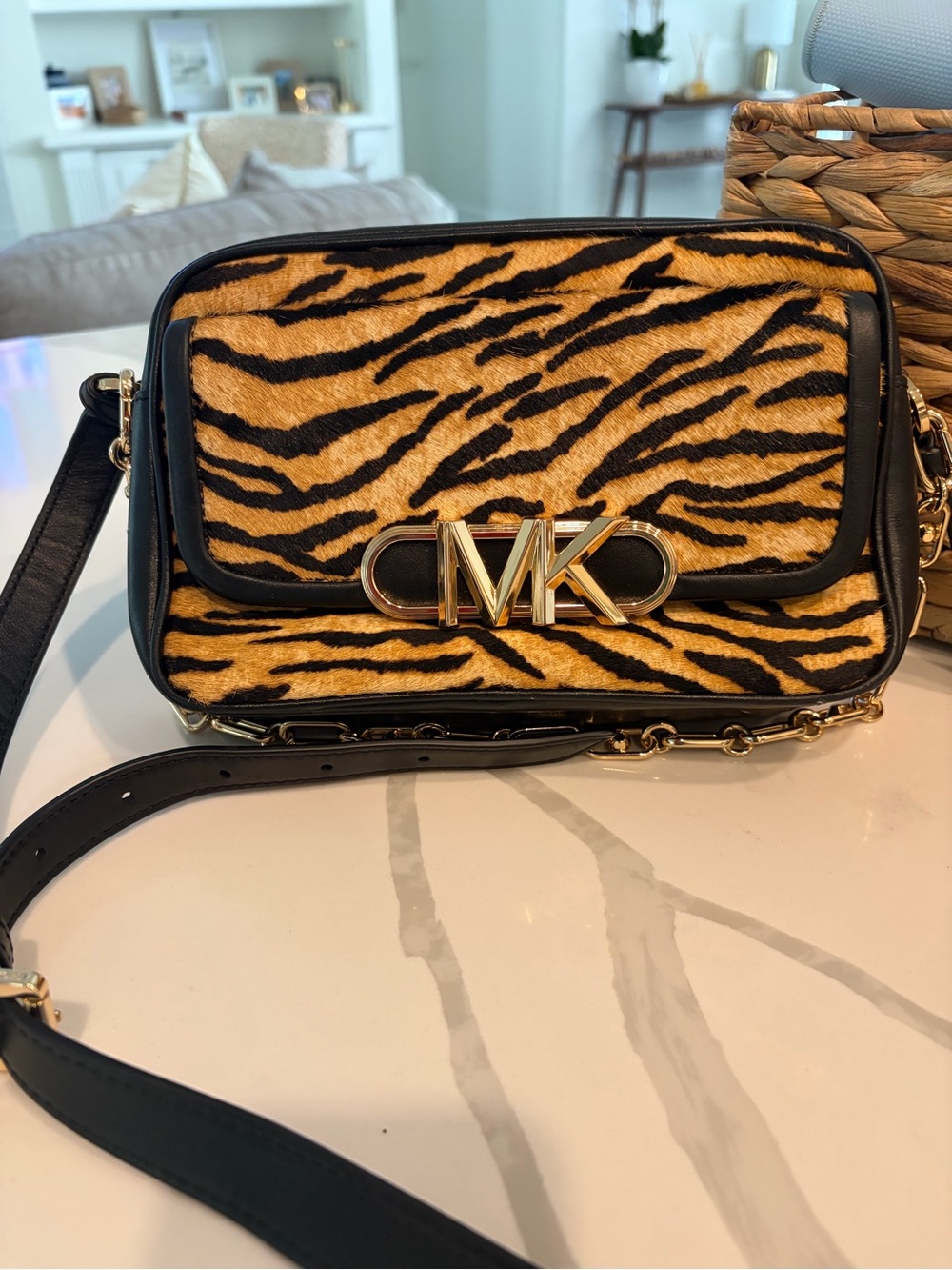 Michael Kors Tiger-Print Faux Fur Crossbody in Black and Gold-Tone